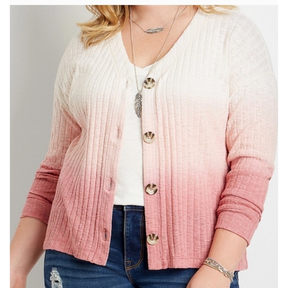 Maurices Ombre Ribbed Button up Knit Sweater Pink & White Size L